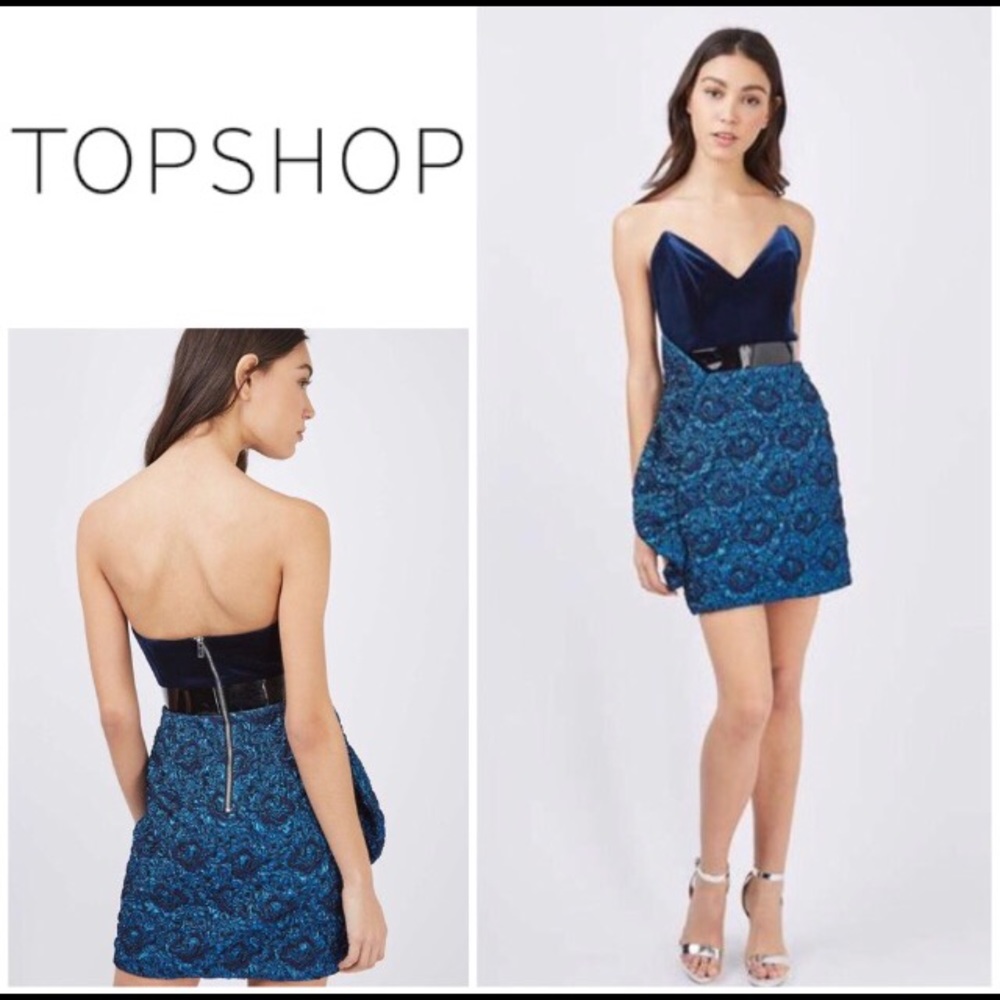 New Topshop Blue Jacquard Bandeau Dress